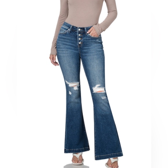 MID RISE DISTRESSED BUTTON FLY FLARE DENIM PANTS - Picture 3 of 5